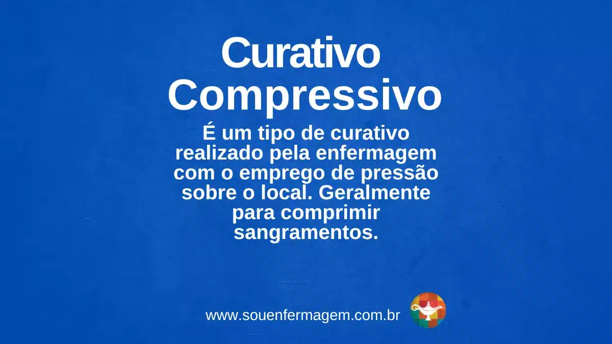 curativo compressivo - É um tipo de curativo realizado pela enfermagem com o emprego de pressão sobre o local. Geralmente para comprimir sangramentos.