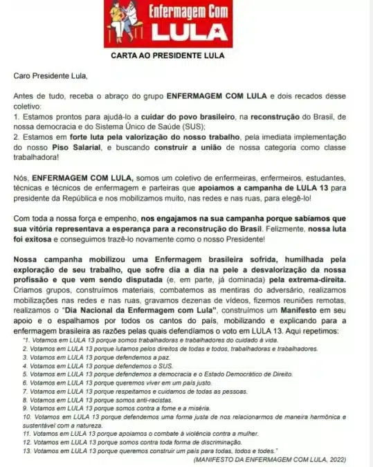 Carta ao Presidente Lula e pedem MP do Piso Salarial