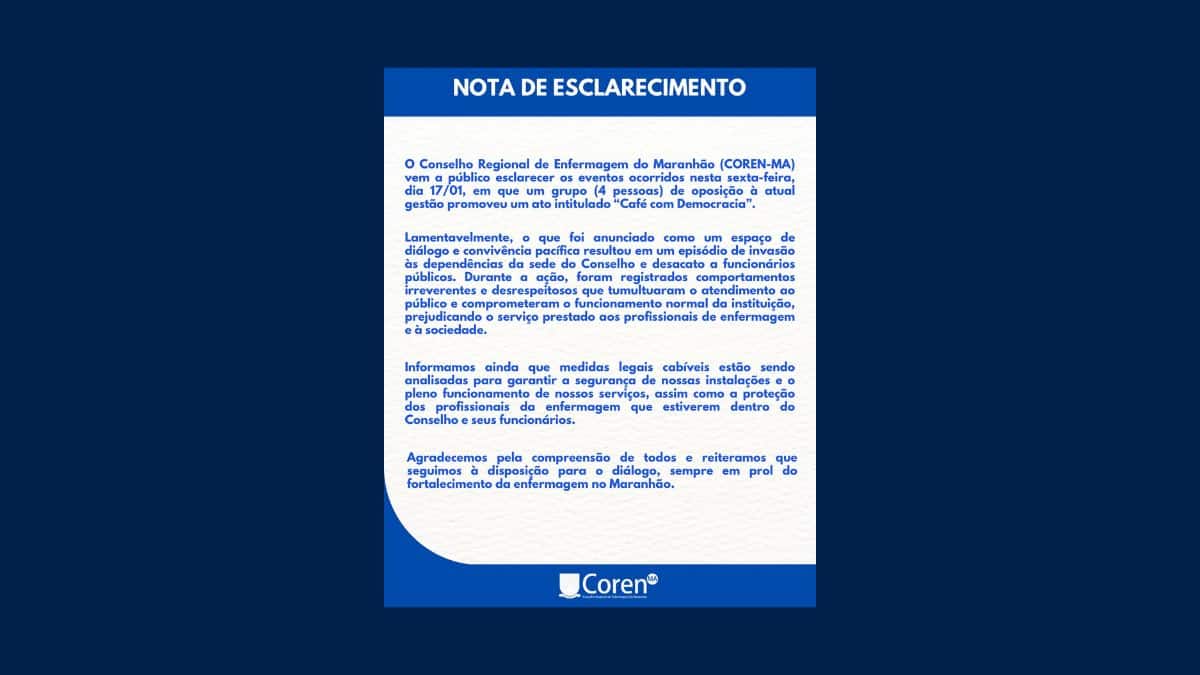 Coren-MA divulga Nota de Esclarecimento após manifestação "Café com democracia"