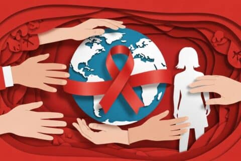 Ilustração mostra planeta Terra envolto por laço vermelho do HIV e mãos simbolizando proteção e cuidado