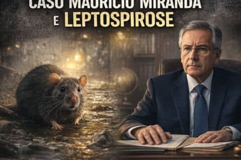 Ilustração jornalística sobre leptospirose mostra rato em ambiente alagado ao lado de magistrado, em referência ao caso Maurício Miranda.