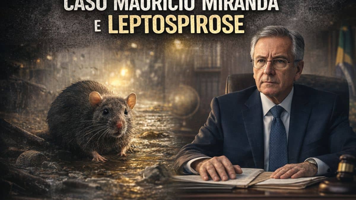 Ilustração jornalística sobre leptospirose mostra rato em ambiente alagado ao lado de magistrado, em referência ao caso Maurício Miranda.