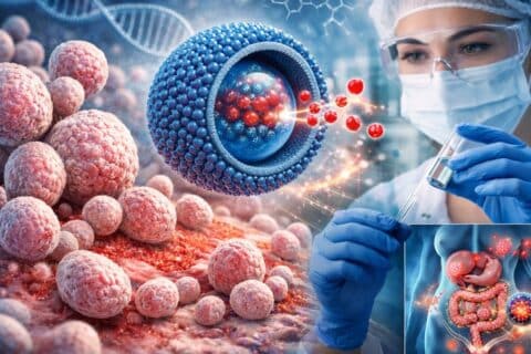 Ilustração científica mostra nanopartícula liberando medicamento antifúngico para combater células do fungo Candida, representando o uso da nanotecnologia no tratamento da candidíase.