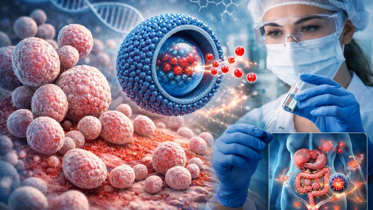 Ilustração científica mostra nanopartícula liberando medicamento antifúngico para combater células do fungo Candida, representando o uso da nanotecnologia no tratamento da candidíase.