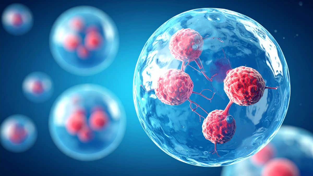 Ilustração científica mostra células cancerígenas com mutações genéticas associadas à resistência a tratamentos oncológicos