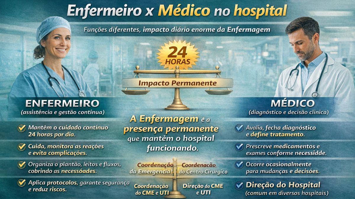 Enfermeiro x Médico no hospital funções diferentes, impacto diário enorme da Enfermagem