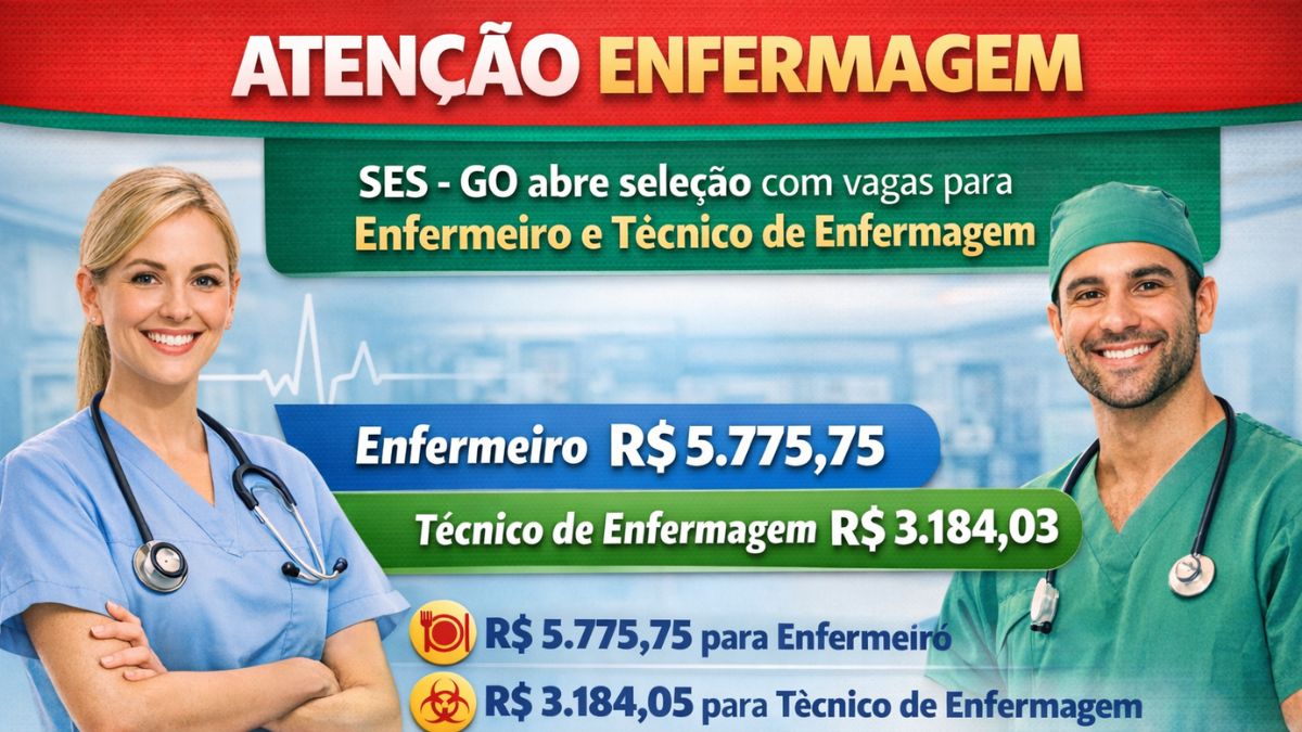 Goiás abre seleção na saúde com salários de até R$ 5,7 mil para Enfermagem